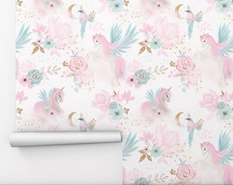 Eenhoornbehang met roze, blauwe, gouden bloemen, bladeren, vogels en wolken Peel and Stick Wallpaper, Kinderkamerbehang Zelfklevend