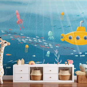 Papel pintado de acuarela con temática submarina - Mural autoadhesivo para habitación infantil con temática de submarino amarillo