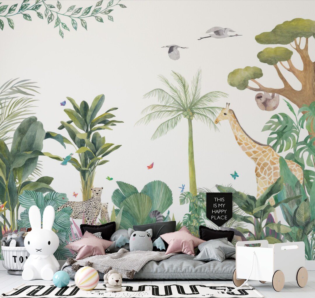 Tropical Jungle Animals Wallpaper Mural – Peel and Stick Safari Kids ...