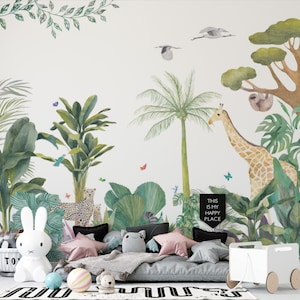 Tropical Jungle Animals Wallpaper Mural – Peel and Stick Safari Kids Wallpaper-C52