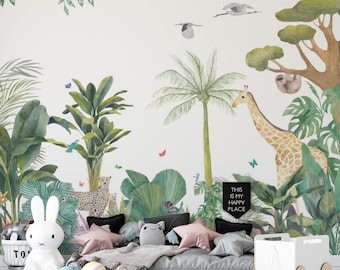 Tropical Jungle Animals Wallpaper Mural – Peel and Stick Safari Kids Wallpaper-C52