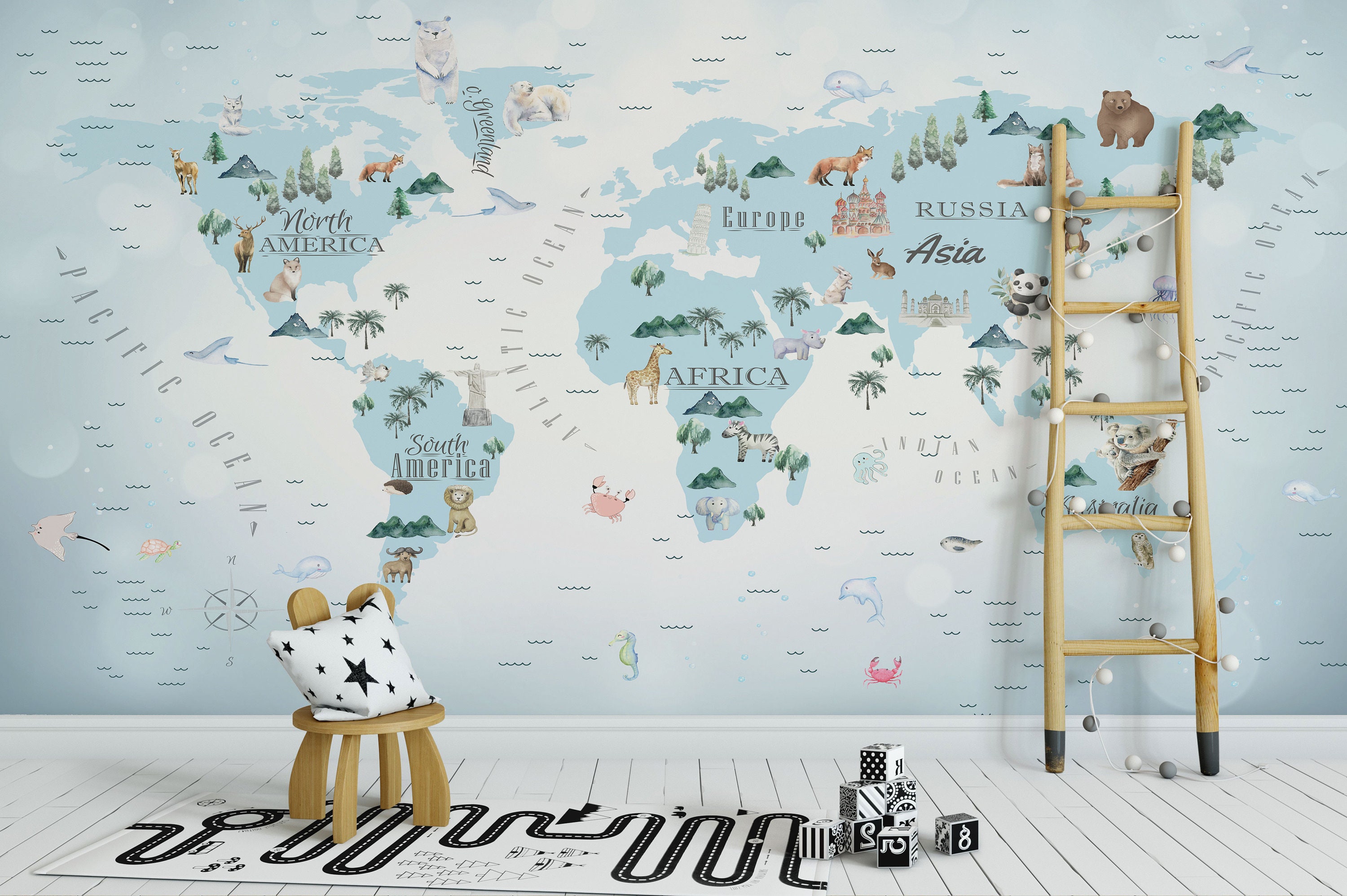 Kids World Map Wallpaper: Peel and Stick Animal Wall Mural - Etsy