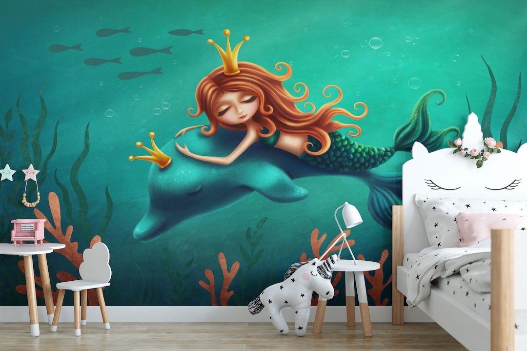 Mermaid and Dolphin Wallpaper Mural Peel and Stick or Traditional