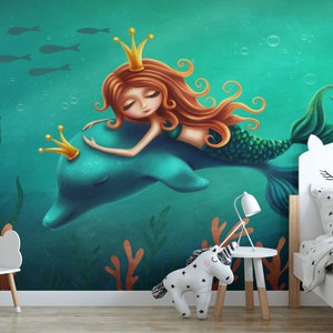 Mermaid and Dolphin Peel and stick Wallpaper, Self Adhesive & Traditional Paper •  Free Shipping