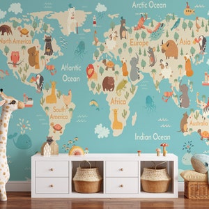 Kinder Tapete selbstklebende weiche Weltkarte Wandbild Abnehmbare kleine Tiere und Wahrzeichen Tapete Kinderzimmer