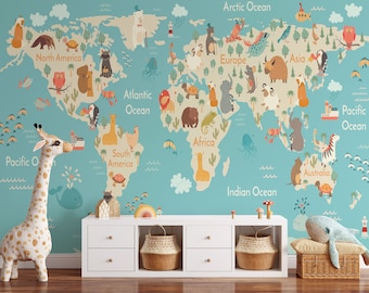 Kids Wallpaper Peel and Stick Self Adhesive Soft World Map Wall Mural Removable Little Animals and Famous Landmarks Wallpaper Kids Room