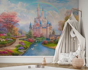 Könnte beinhalten: Ein märchenhaftes Schloss mit einem Regenbogen, der sich darüber wölbt, umgeben von üppigem Grün und einem gewundenen Fluss. Das Schloss ist in Rosa und Blau gehalten und vor dem Hintergrund eines blauen Himmels mit fluffigen weißen Wolken.