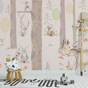 Papel pintado de abedul: decoración de habitación infantil con animales del bosque, despegar y pegar