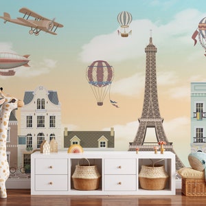 Carta da parati per bambini Città al tramonto Case, torre eiffel, aerei, mongolfiere, Parigi Carta da parati Peel and Stick Nursery Room