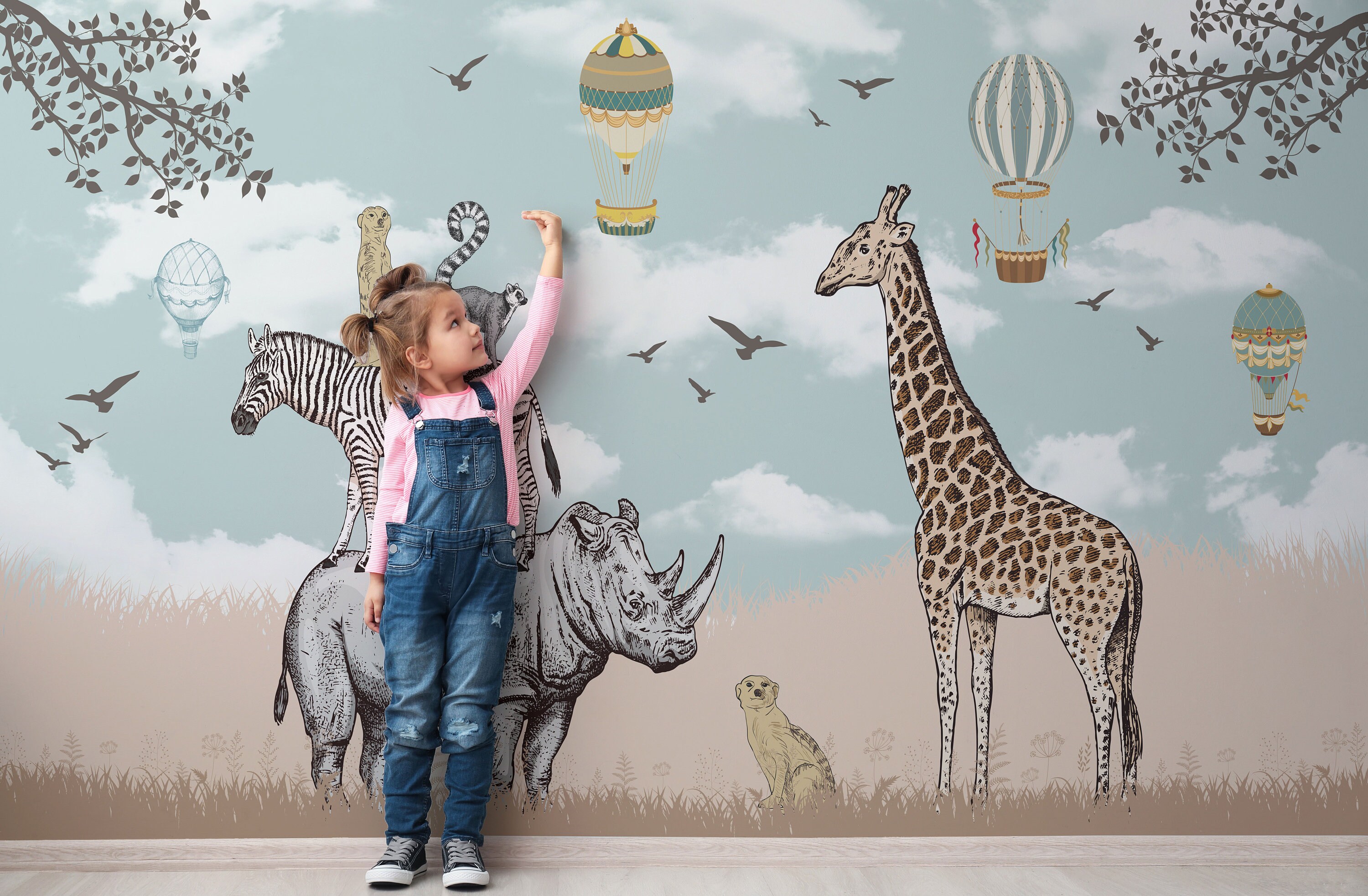 Children Wallpaper Mural Savannah Animals. Air Balloons in Etsy