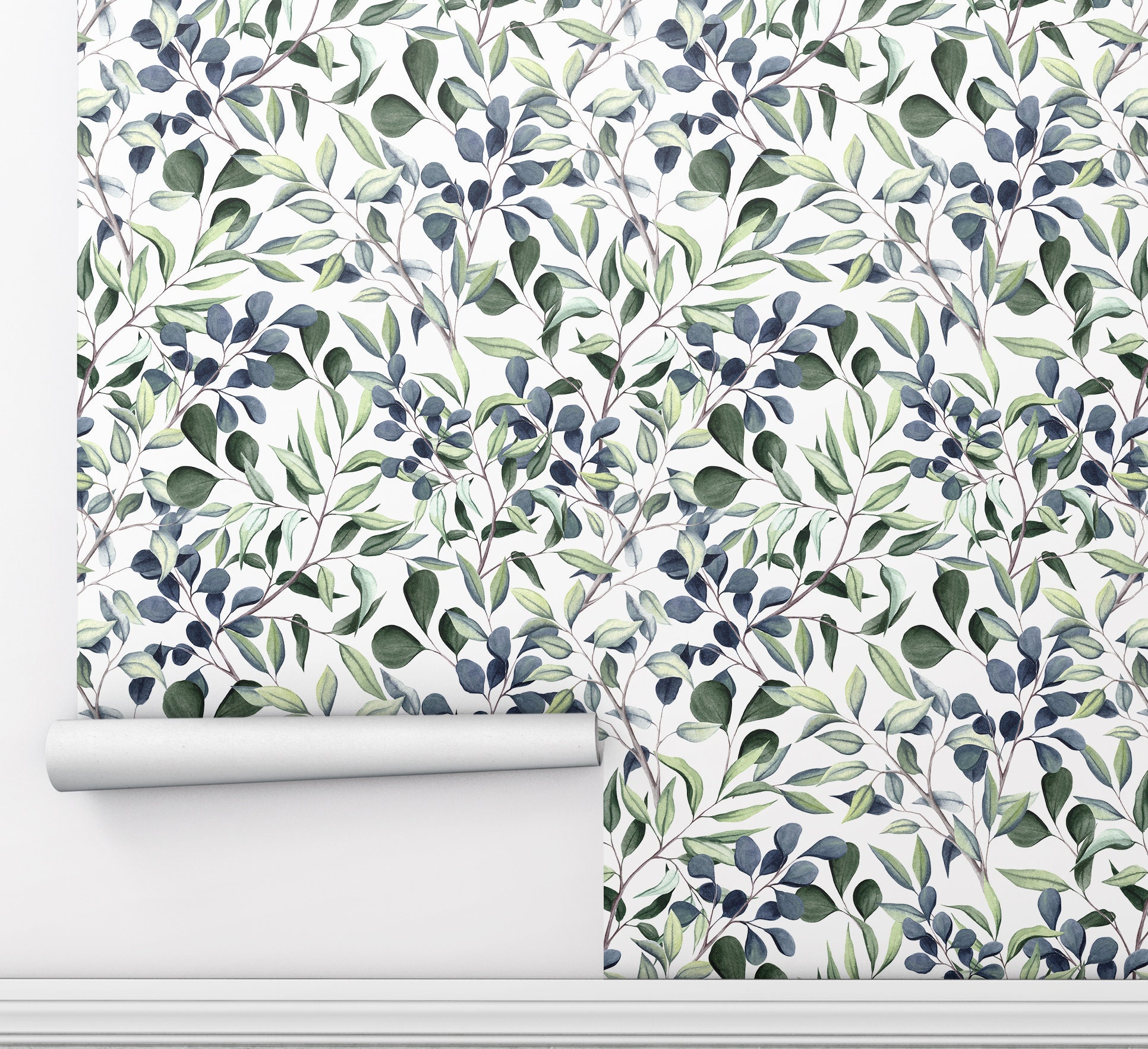 Blue and Green Leaves Wallpaper self adhesive wallpaper dark Etsy