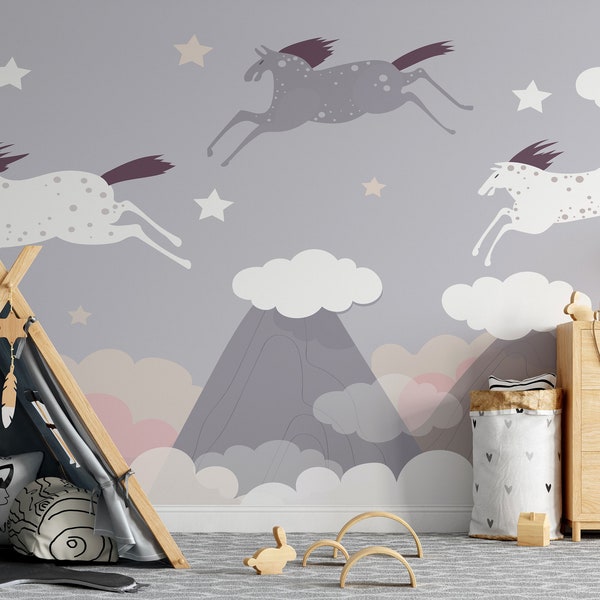 Flying horses in sky Peel and Stick Wallpaper Mural for Kids room, Self Adhesive by Amazing Wallpaper