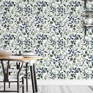 Blue and Green Leaves Peel and Stick Wallpaper, Self Adhesive Wallpaper