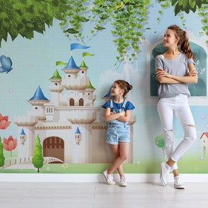 Carta da parati rimovibile per camera dei bambini con albero, castello, case, finestra autoadesiva, buccia e bastone per bambini, carta da parati per vivaio