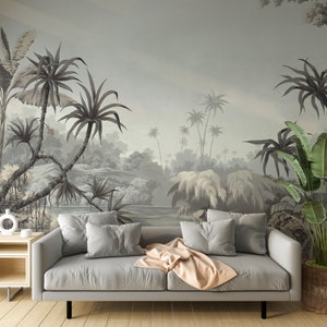 Foggy Tropical Forest Wallpaper, Enchanted Jungle Mural, Mystical Nature-Inspired Wallpaper, Atmospheric Home Decor