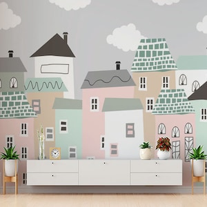 Cute Pastel Houses kids Wallpaper - Colorful houses Peel n Stick Designer Wallpaper