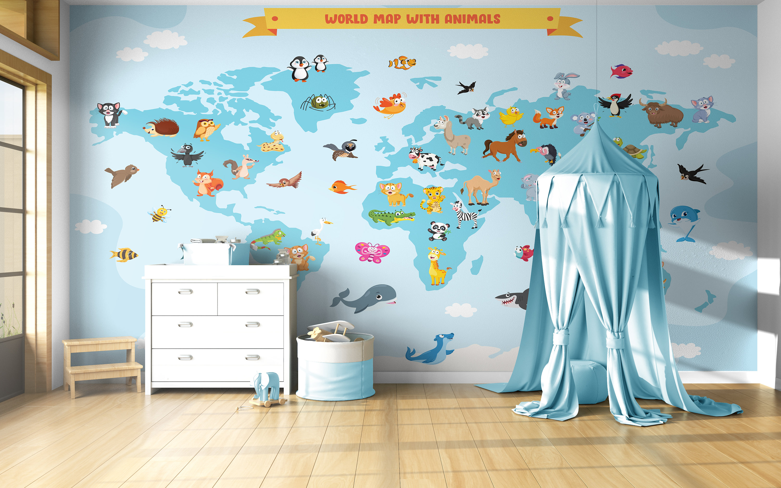 Cartoon Animals World Map Wallpaper: Kids Room Peel and Stick - Etsy