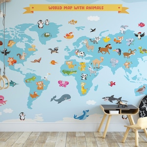 Weltkarte mit Cartoon Tiere Wallpaper, Wildlife Tiere Karte abnehmbare Wallpaper, Kinderzimmer selbstklebend, Cartoon Karte abziehen und aufkleben