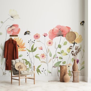 Floral Peel and Stick Wallpaper: Colorful Tall Flower Wall Mural