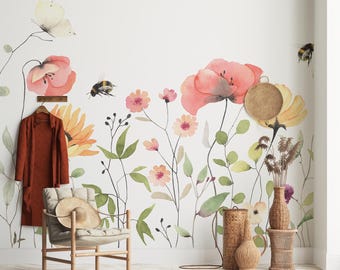 Floral Peel and Stick Wallpaper: Colorful Tall Flower Wall Mural