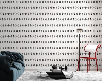 Lunar Phases Wallpaper: Beige & Black Moon Cycle, Peel and Stick