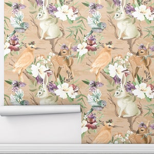 Waldtiere Wallpaper mit schönen, Vintage, Wald, Vögel, Blumen, Hirsche, Hasen, wunderliche Tiere Peel and Stick Wallpaper