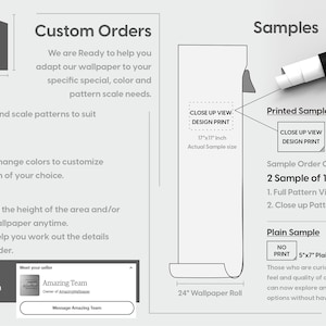 May include: Image showcasing wallpaper samples and custom order details. Includes a 17"x11" printed sample, a 5"x7" plain sample, and a 24" wallpaper roll. Text highlights size, color, and area customization options. A black marker is also present.