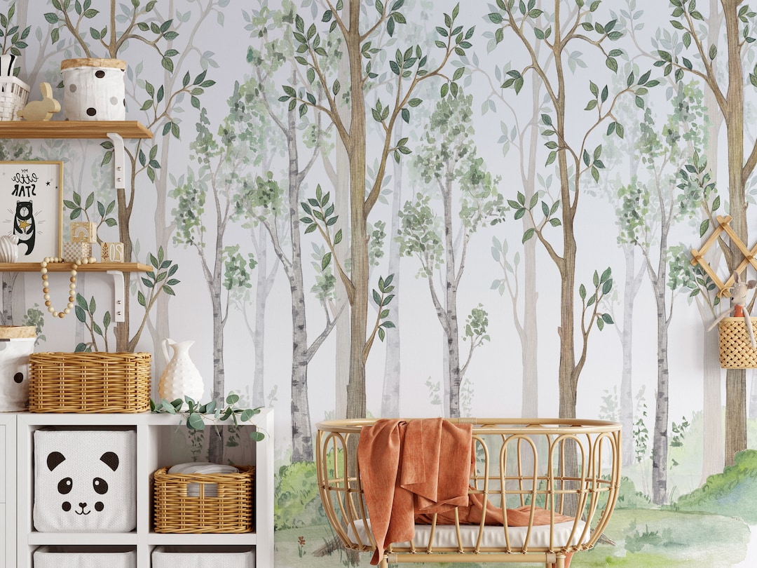 Watercolor Forest Wallpaper Mural: Green Tree, Fairy Tale Nursery Decor ...