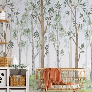 Watercolor Illustration Fairy Green Tree Forest. Children's Interior Wallpaper Mural for Kids Room Decor Self Adhesive, Nursery Decor.