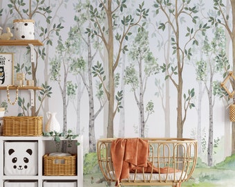 Watercolor Forest Wallpaper Mural: Green Tree, Fairy Tale Nursery Decor