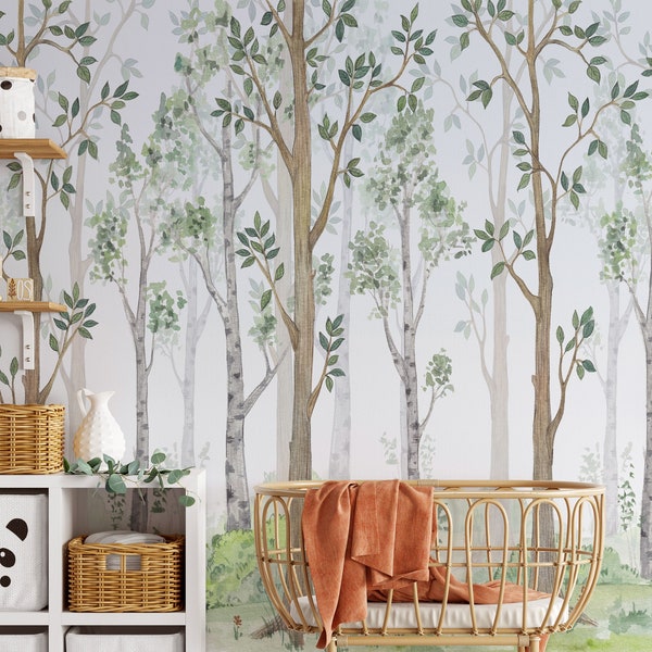 Watercolor Forest Wallpaper Mural: Green Tree, Fairy Tale Nursery Decor