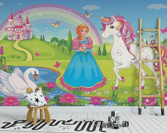 Beautiful Princess Wallpaper Peel and Stick With Fairy Girl, white unicorn and Swan Wall Mural Removable Little Girls Wallpaper