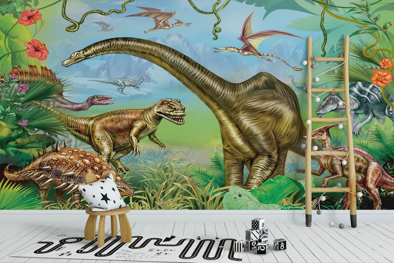 Dinosaur Wallpaper Kids Wallpaper Peel and Stick Wallpaper Etsy