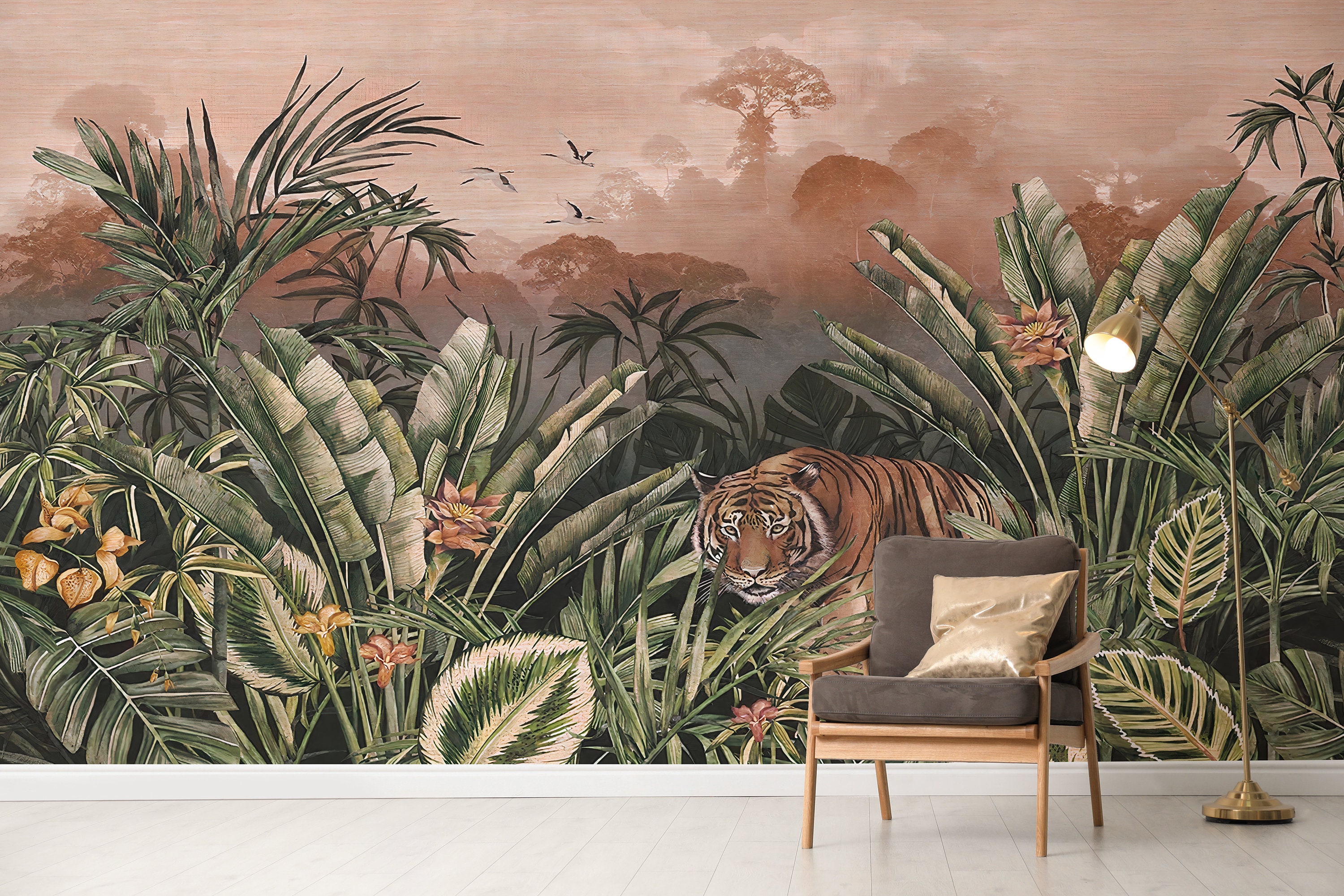 Tiger Jungle Wallpaper Mural: Exotic Peel and Stick Wall Art - Etsy