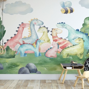 Watercolor Dinosaur Green Mural Peel and Stick Wallpaper for Kids Room-B168