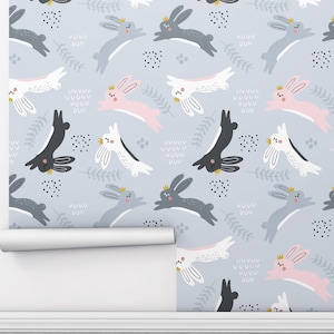 Jumping Rabbits Wallpaper | Peel and Stick Wall | Kids Room Wallpaper | Nursery Wall Art