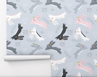 Jumping Rabbits Peel and Stick Wallpaper: Kids Nursery Wall Art