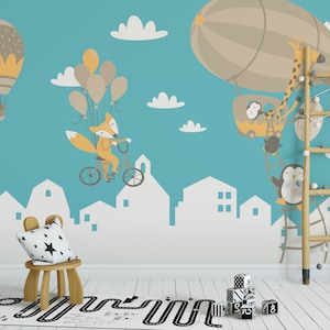 Selbstklebende Tapete - Pinguin und Heißluftballon - Illustriertes Design mit fliegendem Zyklus für Kinderzimmer-Dekor