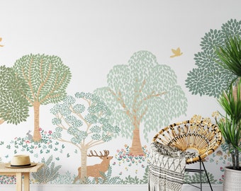Green Forest Animal Mural: Kid's Room Peel and Stick Wallpaper