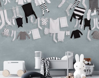 Clothesline Kids Room Wallpaper Mural: Peel & Stick Playroom Wall Art