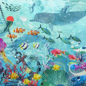 May include: A colorful underwater scene with a dolphin, jellyfish, clownfish, and other sea creatures. The scene is painted in a whimsical style with bright colors and textures.