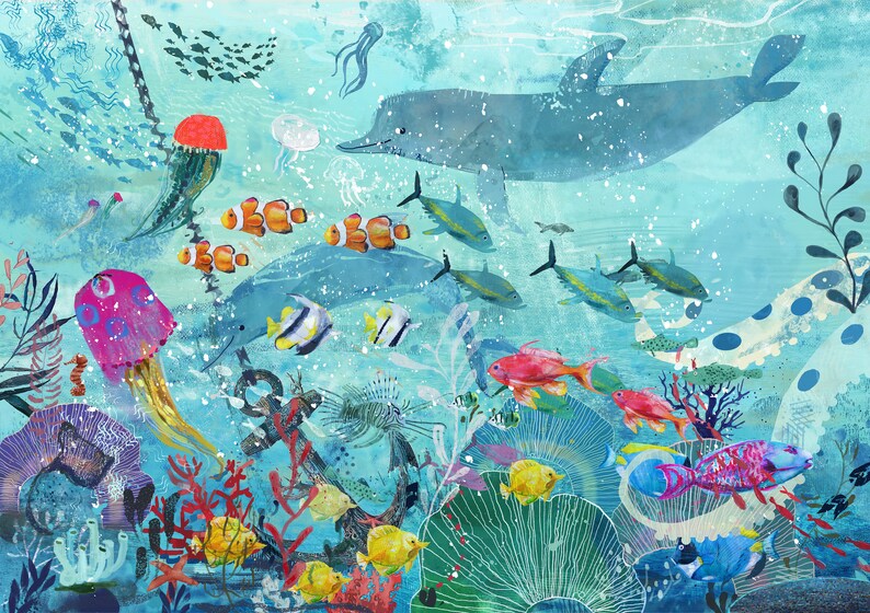 May include: A colorful underwater scene with a dolphin, jellyfish, clownfish, and other sea creatures. The scene is painted in a whimsical style with bright colors and textures.