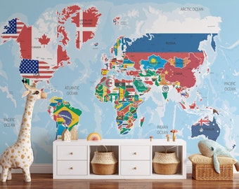 Countries Map and Flags Wallpaper, world map Removable Wallpaper, office room Self Adhesive, Map Peel and Stick