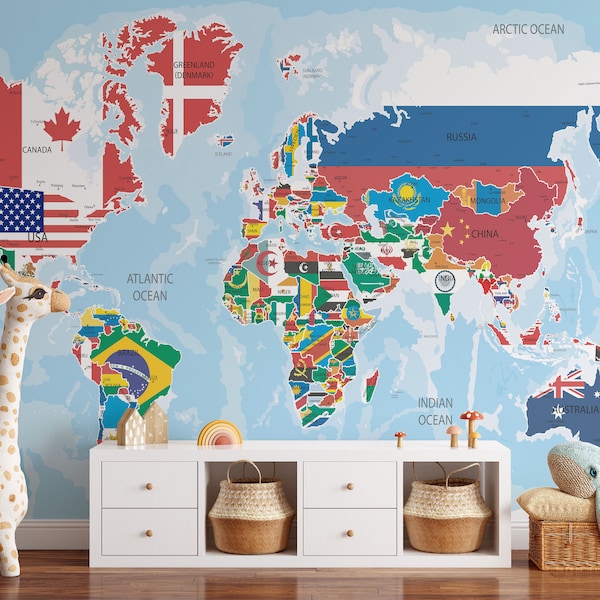 Countries Map and Flags Wallpaper, world map Removable Wallpaper, office room Self Adhesive, Map Peel and Stick