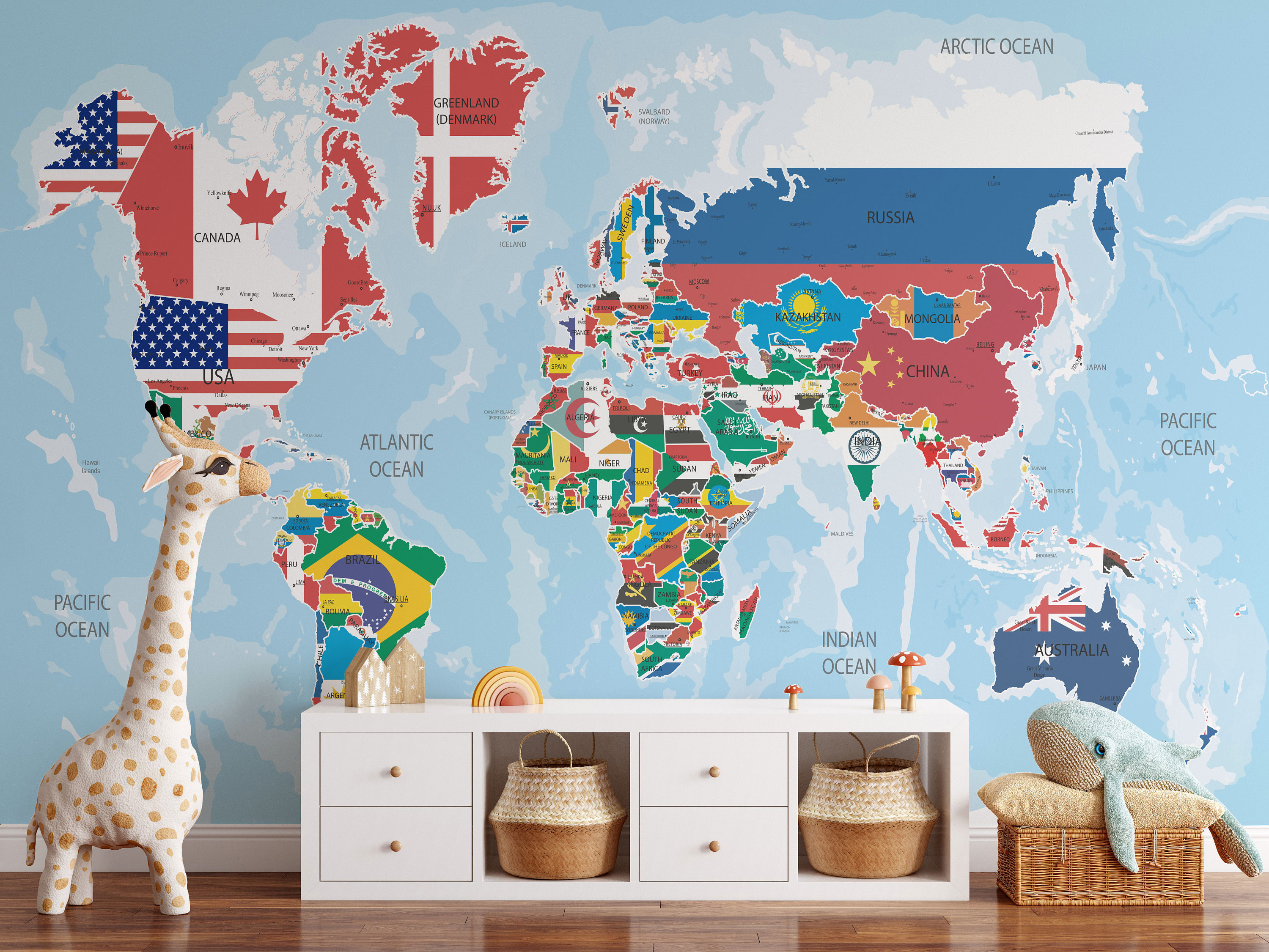 Countries Map and Flags Wallpaper, world map Removable Wallpaper, office room Self Adhesive, Map Peel and Stick