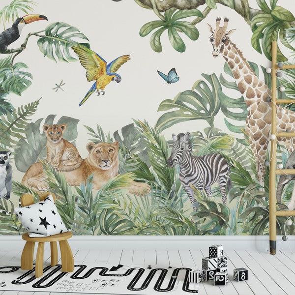 Safari Kids Wallpaper with watercolor Jungle Animal Wallpaper Mural, Self Adhesive, Kids & Nursery Room Decor