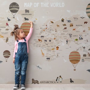 Mural de papel pintado con globos de mapa del mundo de aventuras animales/papel tapiz despegable y adhesivo para habitación de niños-A906