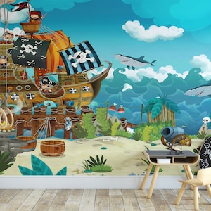 Carta da parati murale con avventura sull'isola dei pirati - Decorazione da parete staccabile e incollabile per la camera dei bambini-A171