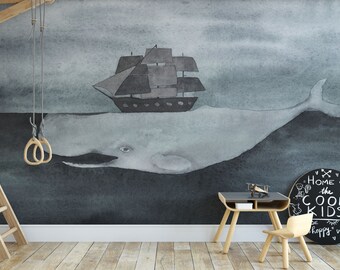 Grey Whale Watercolor Ocean Peel and Stick Wallpaper Mural-A684
