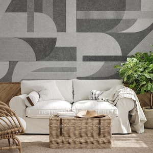 Arte astratta geometrica monocromatica con archi, strisce e curve in toni di grigio strutturati-A709